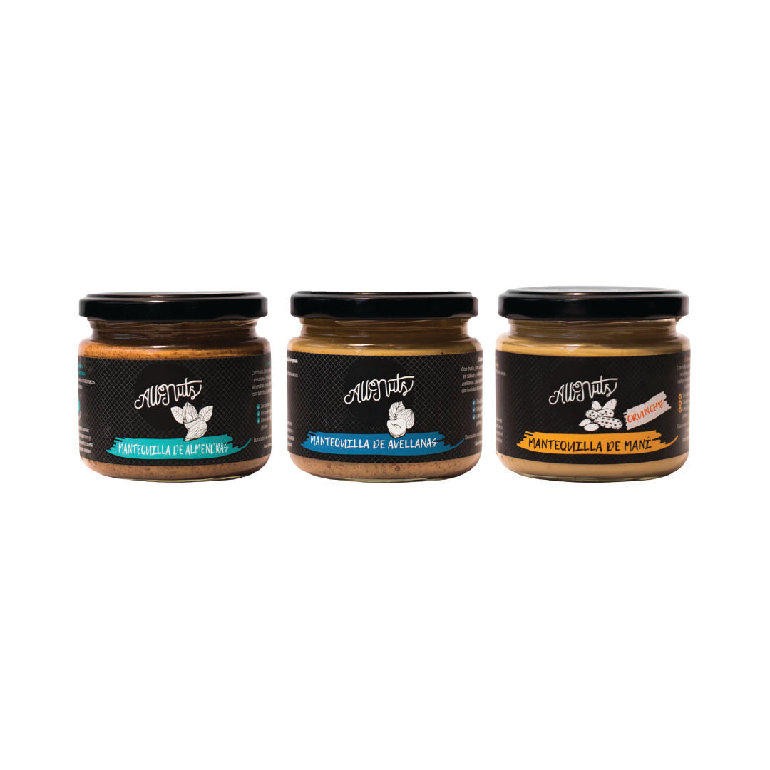 Pack Mantequilla de maní crunch 200g, avellana 200g y almendra 200g